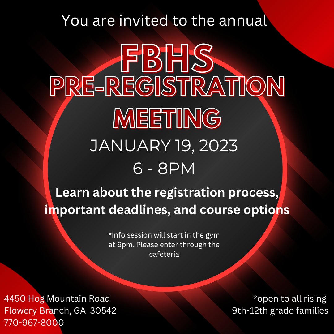 With high school registration around the corner, there will be an informational pre-registration meeting at FBHS to go over the process, deadlines, and options for signing students up for their high school classes. Session begins at 6pm. For more info, contact FBHS.