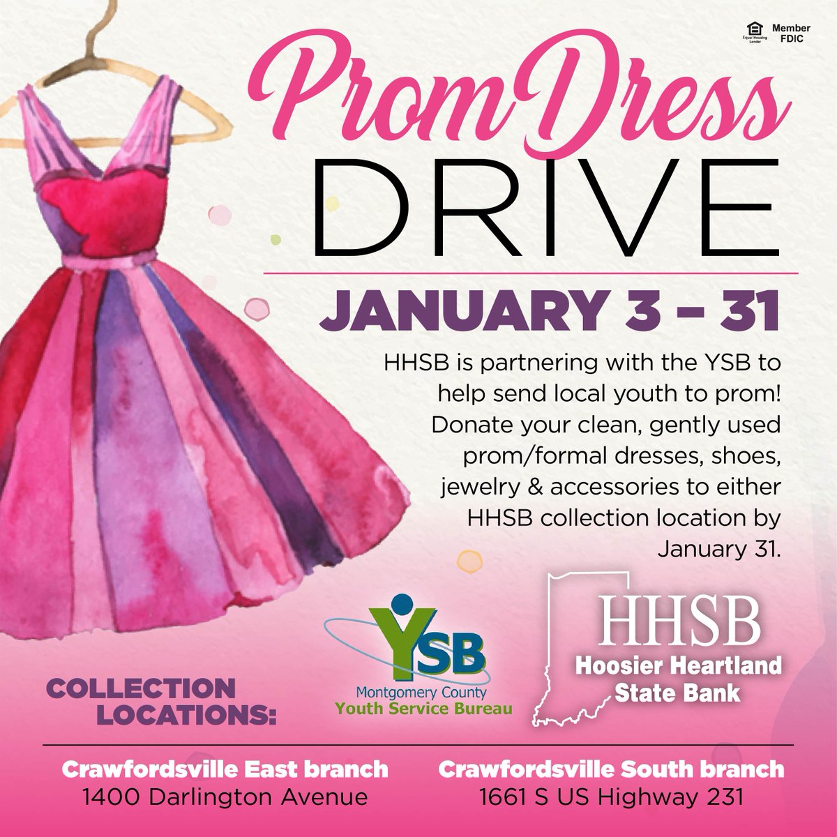 myHHSB's tweet photo. The Prom Dress Drive continues!
Help make a local student feel like a queen for a day – dust off those dresses and drop them off at either HHSB Crawfordsville location before Jan. 31st! 👑👗👠👛
#YourDressTheirDream #PromDressDrive #HHSBGivesBack https://t.co/6nWj8NuZ0g