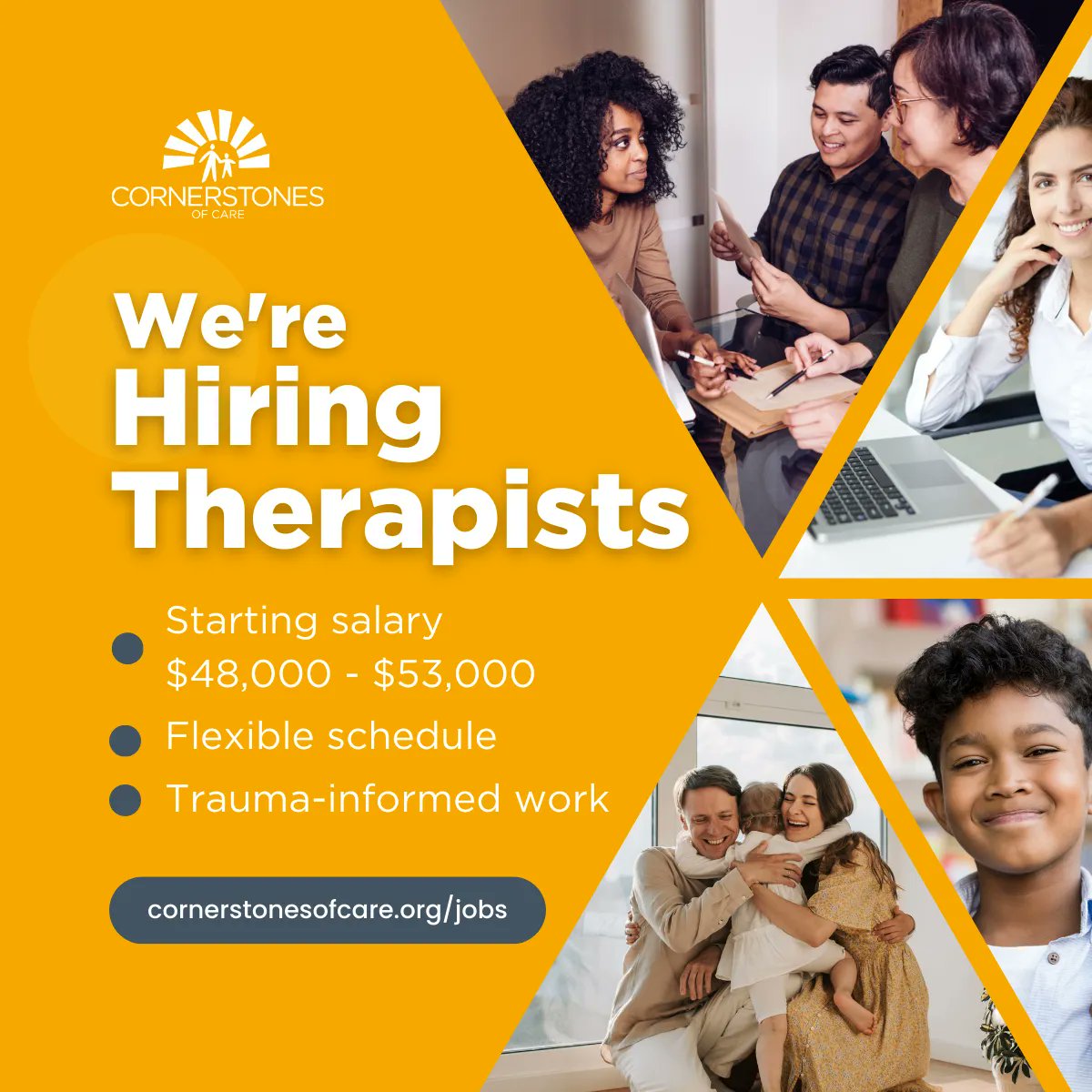 Now is a great time to join our team!

We’ve upgraded our compensation package and our therapists earn starting salaries at $48,000-$53,000, based on experience, education, and licensure. Positions available in multiple locations. 

Learn more &amp; apply at cornerstonesofcare.org/jobs.