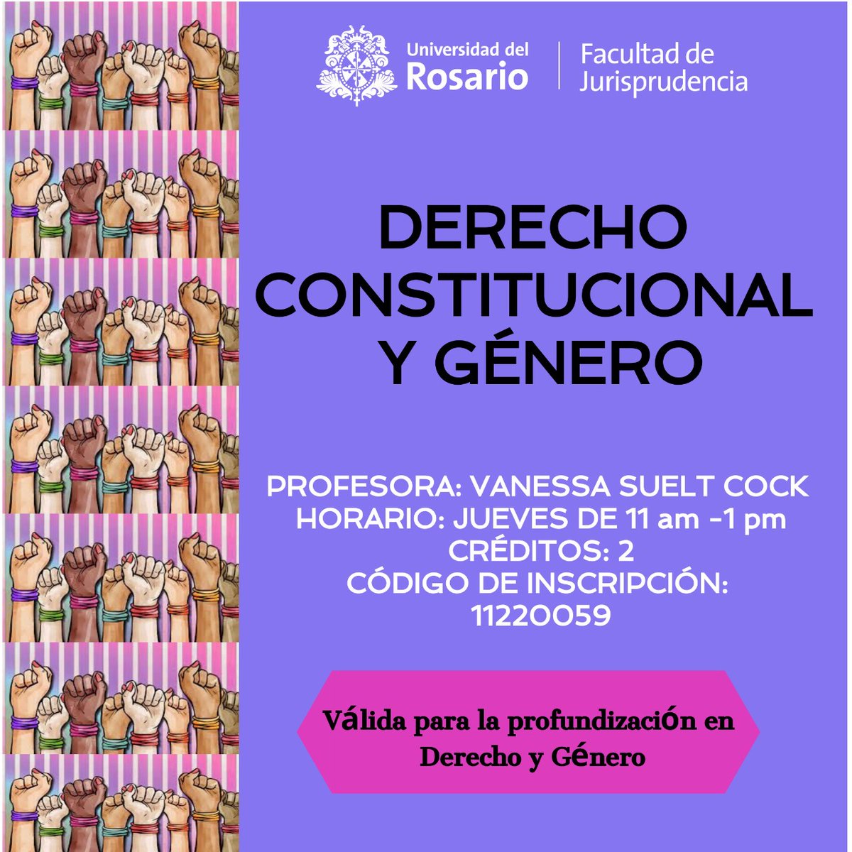 Te presentamos la oferta académica para el semestre 2023-1 de la profundización en Género y Derecho. ¡Recuerda inscribir tus asignaturas del 16 al 20 de enero!
