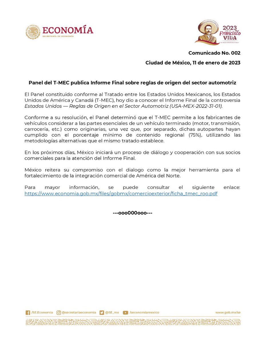 SE_mx's tweet photo. La Secretaría de Economía informa que el día de hoy se publicó el Informe Final del Panel del TMEC en relación a las reglas de origen del sector automotriz.
https://t.co/N0gANtixnC https://t.co/FHtPGveu2W