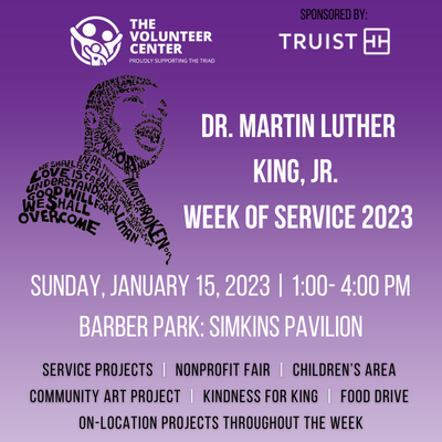 VolunteerTriad's tweet photo. Join us this Sunday Jan 15th from 1 to 4 pm at the Simkins Indoor Pavilion for our 14th Annual MLK Day of Service event! 
Register for free here: https://t.co/t5HW0fukIW https://t.co/K2bl3jRUVj