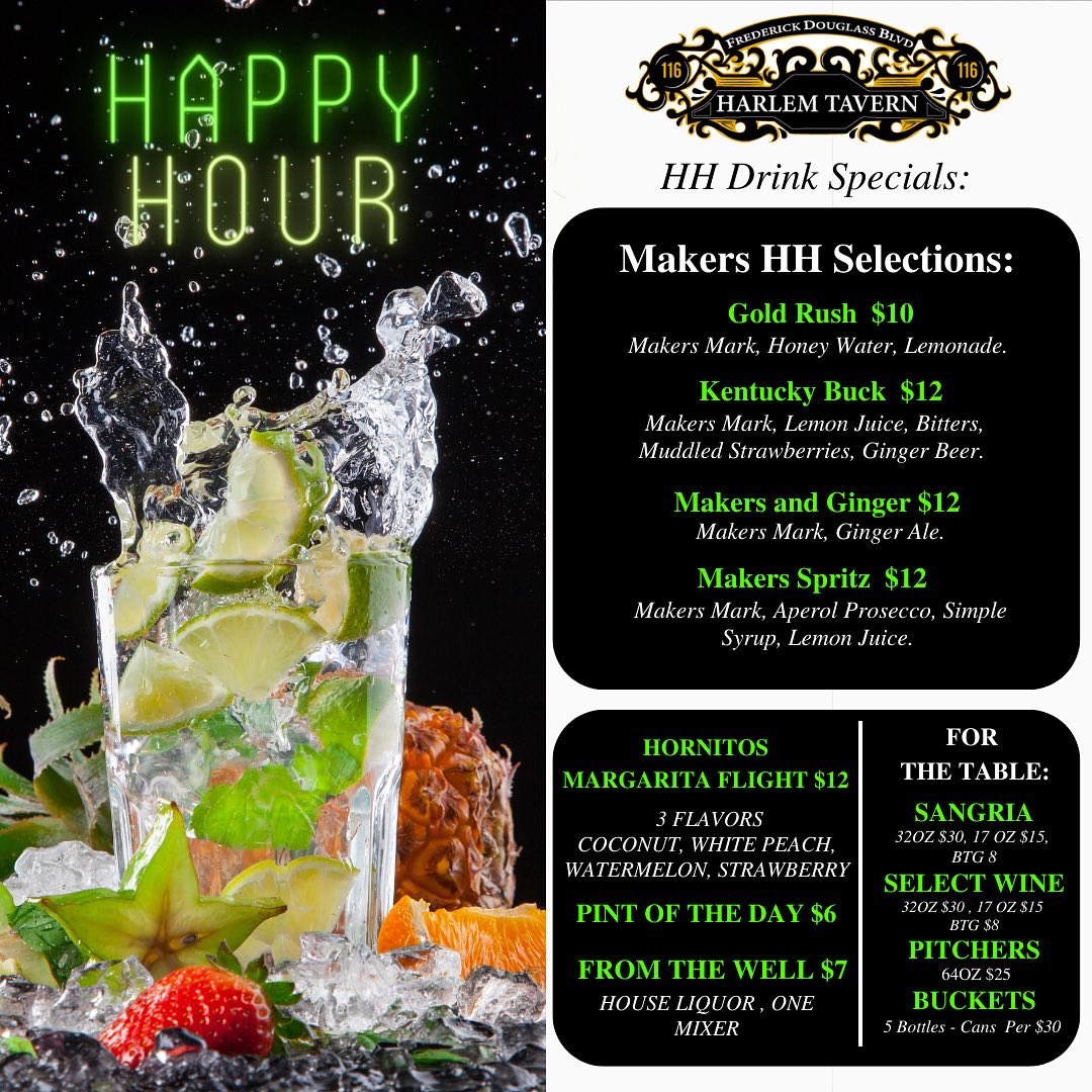 HarlemTavern's tweet photo. @nyknicks be @pacers 7:30pm! Happy Hour starts at 4pm! Come pre-game with us until 7pm! 🏀 

Swipe left for Happy Hour Menu

#nyc #harlem #harlemtavern https://t.co/HEwTdMsKDm