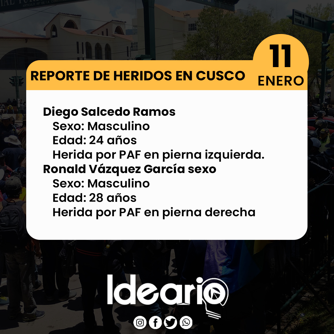 IdearioPe's tweet photo. 🔴 #LOÚLTIMO | Reporte de heridos en las manifestaciones hoy 11 de enero en la ciudad imperial del Cusco https://t.co/6ZmbWJCbFa