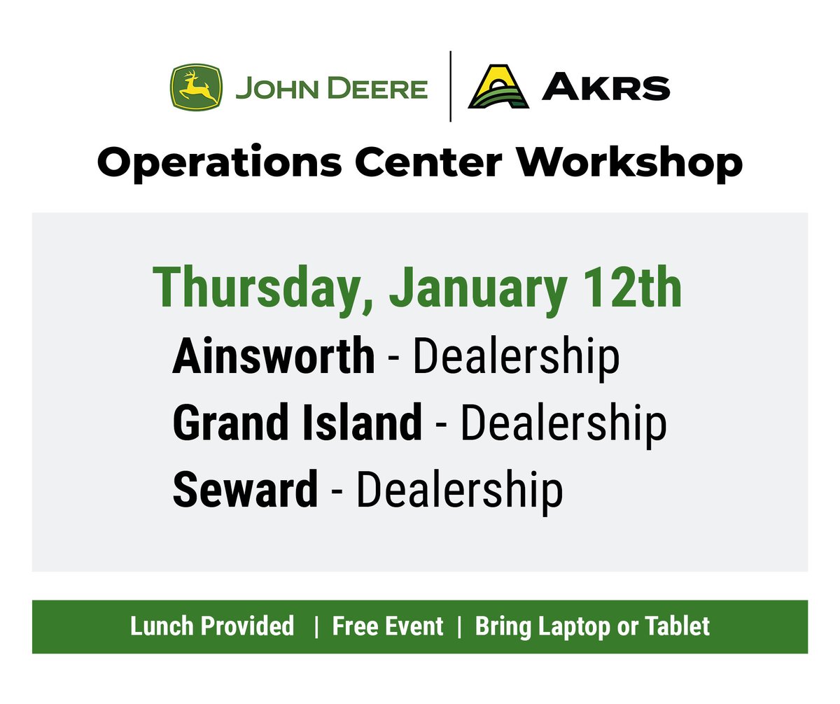 AKRS_Equipment's tweet photo. If you’re in Ainsworth, Grand Island, or Seward we’d love for you to join us at our John Deere Operations Center workshops tomorrow!

If you’re in Geneva, North Platte, or St. Paul, we hope to see you on Friday!

Visit https://t.co/oK8HUAL19i to learn more! https://t.co/4UONBD6O0k