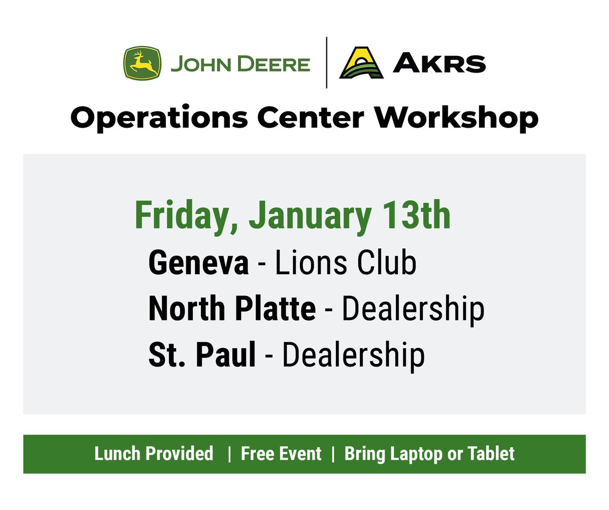 AKRS_Equipment's tweet photo. If you’re in Ainsworth, Grand Island, or Seward we’d love for you to join us at our John Deere Operations Center workshops tomorrow!

If you’re in Geneva, North Platte, or St. Paul, we hope to see you on Friday!

Visit https://t.co/oK8HUAL19i to learn more! https://t.co/4UONBD6O0k
