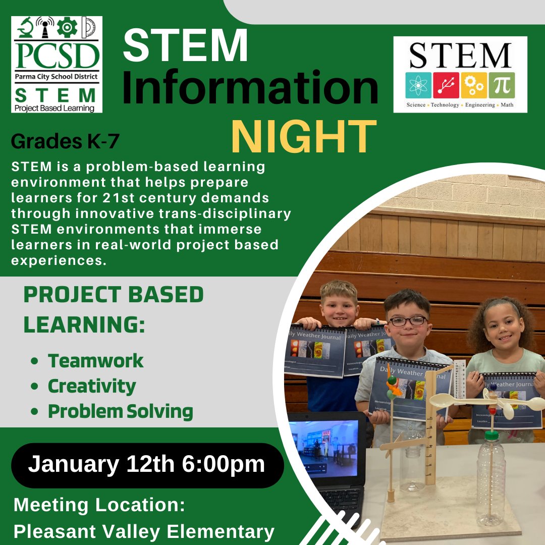 Join us for our STEM Education Information Night tomorrow, January 12, 2023 at Pleasant Valley Elementary School at 6 p.m.!