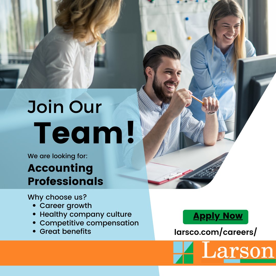 LarsonCPA's tweet image. **NEW YEAR, NEW CAREER**  Is your 2023 goal to find a company you love working for?  Check out our open positions and more about our #accounting firm at bit.ly/3GR1KpZ