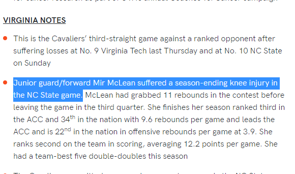 Raoul_000's tweet image. Virginia WBB junior wing Mir McLean is out for the season with a knee injury virginiasports.com/news/2023/01/1…