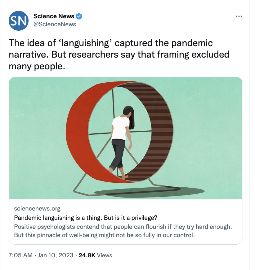 PandemicJourna's tweet photo. See what we're learning -- in @ScienceNews!
https://t.co/r7ee87hcCF

#pandemic #mentalhealth #flourishing #languishing #anthrotwitter #medanth #medicalanthropology https://t.co/rMbLnKJELb