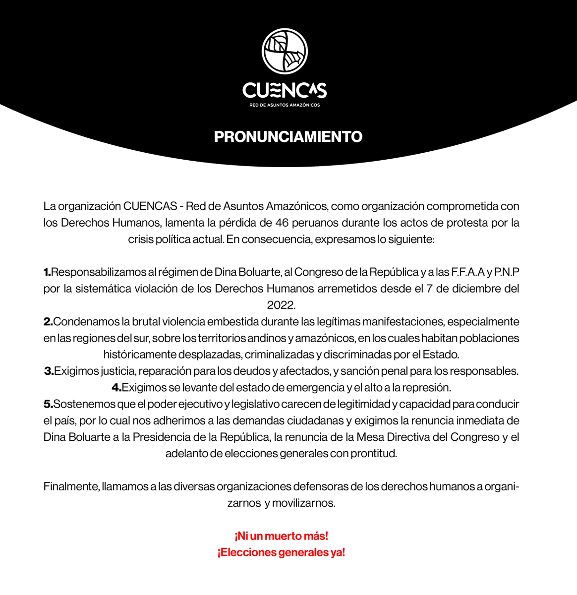 📢#Pronunciamiento | Frente a la crisis política y la violación de los DDHH, #Cuencas respalda la demanda de diversas organizaciones, colectivos y el pueblo, y exige la renuncia inmediata de Dina Boluarte, como el cese de fuego a las FFAA y PNP contra los manifestantes.
#SOSPeru