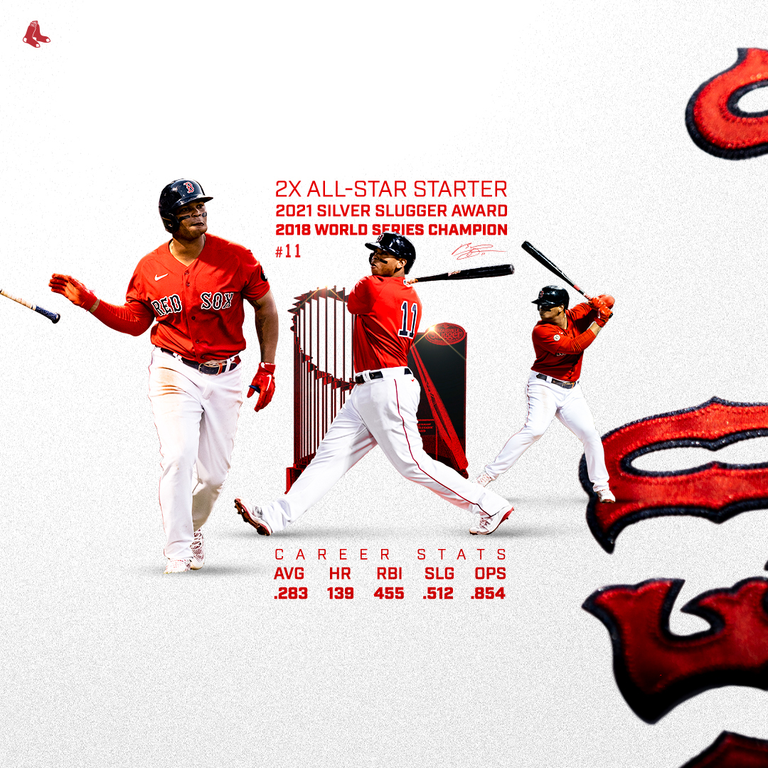 Rafael Devers stat graphic. Text reads "2x All-Star starter, 2021 Silver Slugger Award Winner, 2019 World Series Champion. Career Stats: AVG - .283, HR - 139, RBI - 455, SLG - .512, OPS - .854. 