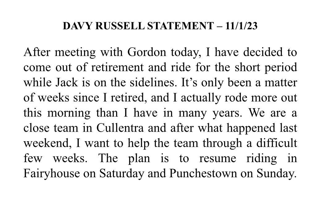 Davy Russell to resume race riding on Saturday.... ⁦@_Davy_Russel_⁩ Statement below...