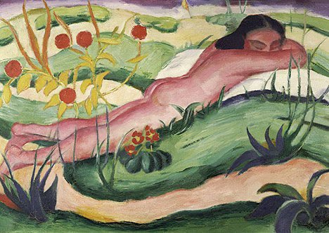 Bona nit 

Nude Lying In The Flowers, #FranzMarc  1910