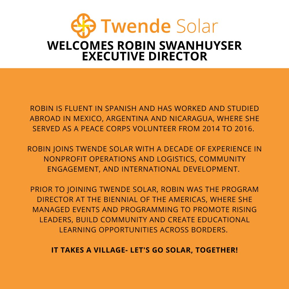 twendesolar's tweet photo. We are elated to announce our
NEW Twende Solar Executive Director:
Please welcome Robin Swanhuyser!
☀
Fun fact: Robin grew up in Baja, California off-grid and wasn't allowed to watch TV on days that were too cloudy 😄
#letsgosolartogether https://t.co/ftOGHYHhwZ