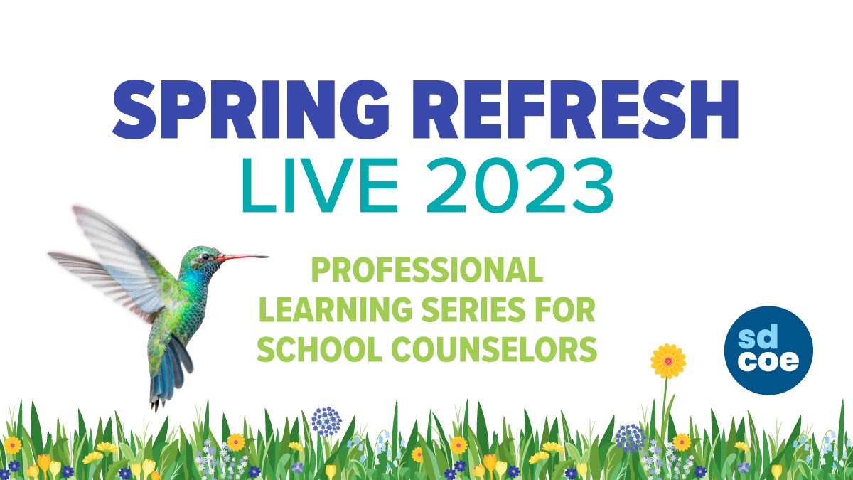 The Spring Refresh is a series of FREE workshops on topics that are relevant and timely for K-12 school counselors. This spring, all workshops will be live and in-person with a focus on college and career readiness. For dates and how to register: sdcoe.net/schoolcounselo….