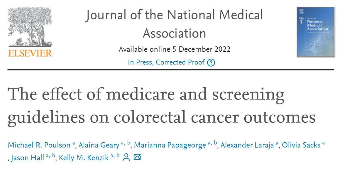 Quite excited to share this study showing impact of inequitable insurance access on colorectal cancer screening. 
We used regression discontinuity to look at stage at diagnosis for patients around age 50 (screening guidelines) and age 65 (Medicare eligible) 1/