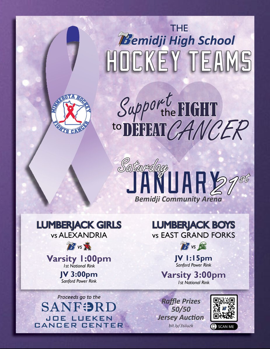 💜On 1-21-23 BHS Girls and Boys hockey teams will play in <a href="/MNHockeyFights/">Minnesota Hockey Fights Cancer</a> home games. 🏒🥅
Raffle prizes, 50/50, jersey auction along with some other fun promotional items and special events. All proceeds will go to the Sanford Joe Lueken Cancer Center. 💜