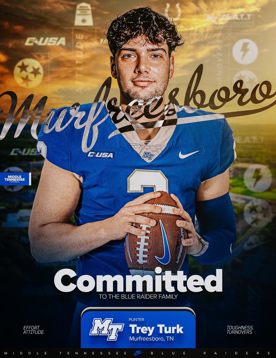 Trey Turk (@_treyturk_) on Twitter photo Proud to announce that I will be finishing my football career at <a href="/MT_FB/">Middle Tennessee Football</a> . Thank you <a href="/CoachMikePolly/">Mike Polly</a> and <a href="/CoachStock/">Coach Stock</a> for this amazing opportunity! GO BLUE RAIDERS! #EATT #BLUERAIDERS Proud to announce that I will be finishing my football career at <a href="/MT_FB/">Middle Tennessee Football</a> . Thank you <a href="/CoachMikePolly/">Mike Polly</a> and <a href="/CoachStock/">Coach Stock</a> for this amazing opportunity! GO BLUE RAIDERS! #EATT #BLUERAIDERS