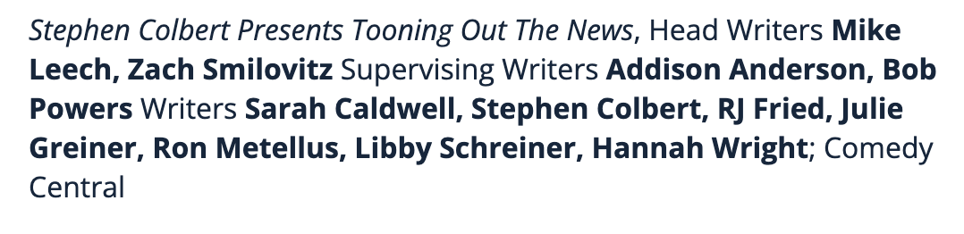 RJ Fried (@rjfried) on Twitter photo A massive congrats to the amazing WGA AWARD-nominated <a href="/tooningout/">Tooning Out The News</a> writers! <a href="/StephenAtHome/">Stephen Colbert</a> <a href="/MyKleech/">Mike Leech</a> <a href="/zachsmilovitz/">zachsmilovitz</a> <a href="/bobpowers1/">Bob Powers</a> @Ad_Anderson @LibbySchreiner <a href="/sarahccaldwell/">Sarah Caldwell</a> <a href="/JulieAbridged/">Julie Greiner</a> <a href="/HannahAWright/">Hannah Wright</a> <a href="/ronaldmetellus/">ronald</a> A massive congrats to the amazing WGA AWARD-nominated <a href="/tooningout/">Tooning Out The News</a> writers! <a href="/StephenAtHome/">Stephen Colbert</a> <a href="/MyKleech/">Mike Leech</a> <a href="/zachsmilovitz/">zachsmilovitz</a> <a href="/bobpowers1/">Bob Powers</a> @Ad_Anderson @LibbySchreiner <a href="/sarahccaldwell/">Sarah Caldwell</a> <a href="/JulieAbridged/">Julie Greiner</a> <a href="/HannahAWright/">Hannah Wright</a> <a href="/ronaldmetellus/">ronald</a>