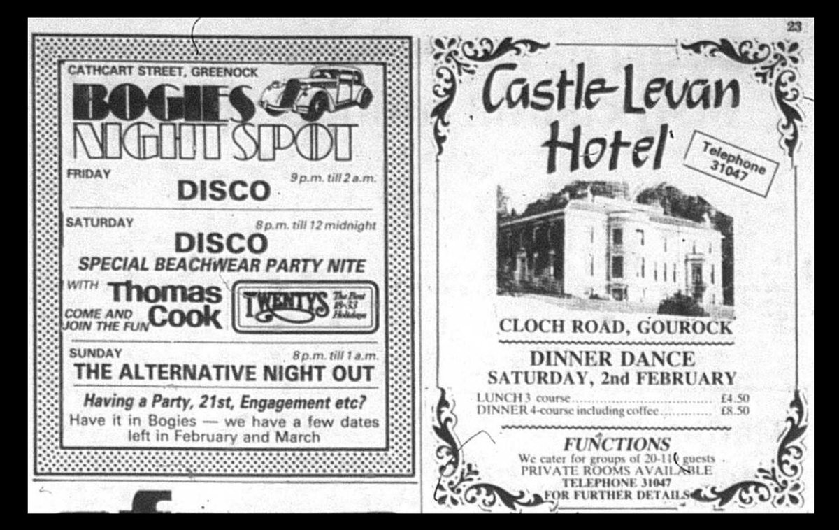 GreenockLassie's tweet photo. #GreenockSocialHistory #GourockSocialHistory #BogiesNightSpot #CastleLevanHotel #QueensHotel #TokyoJoes #TheDarrochBar #HotelPamrosa #ABCCinema
Greenock Telegraph, 11 January 1985
More here https://t.co/QpzZr7jwQf https://t.co/5AWwxrx5fg