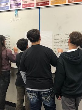 BrittonClass's tweet image. Vertical learning structure for a team challenge in Mr. Q's class. How many different equations can you create with the numbers 2023 that equals numbers 1-50 as answers? @BurtonBulldogs @BurtonSchools #Engage #ThinkCreatively