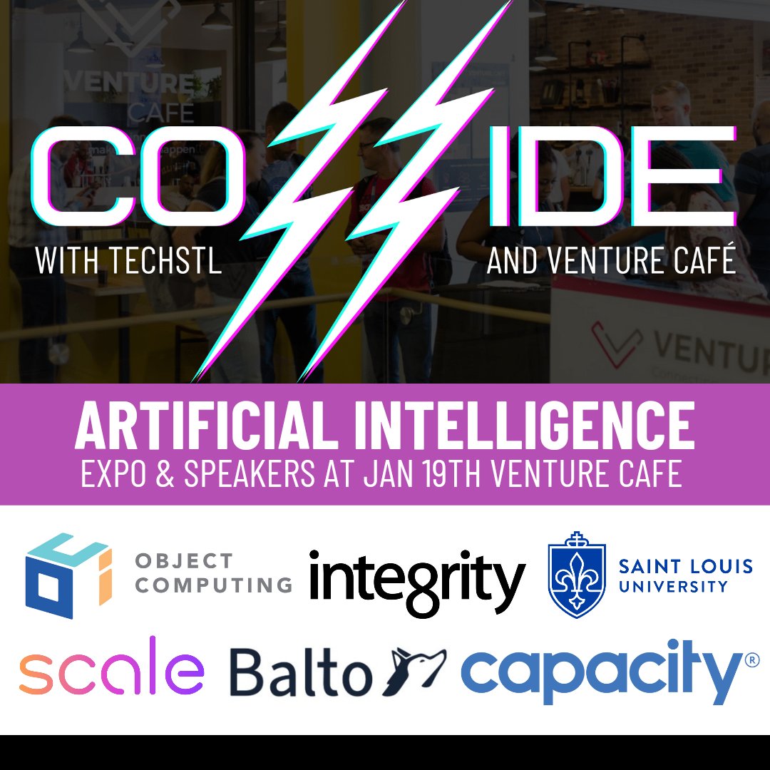 TechSTLmo's tweet photo. Jan 19th at @VentureCafeSTL we are hosting #COLLIDEstl on #ArtificialIntelligence and it's going to be ๐ฅ - Hear from @ObjectComputing @scaleai @balto_ai @SaintLouisU @GoCapacity @Integrity_XD @DaveCostenaro https://t.co/HvJuRDcj7f