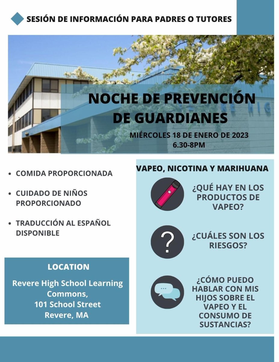 Jill Herwig (@herwig_jill) on Twitter photo Don't miss our upcoming Revere High School Parent/Guardian Prevention Night next Wed. 1/18 from 6:30 to 8pm in the RHS Learning Commons. A learning opportunity for parents to learn more about Vaping & how to talk to kids about vaping and substance use. <a href="/RReverema/">Revere High School</a> <a href="/RevereCARES/">Revere CARES </a> Don't miss our upcoming Revere High School Parent/Guardian Prevention Night next Wed. 1/18 from 6:30 to 8pm in the RHS Learning Commons. A learning opportunity for parents to learn more about Vaping & how to talk to kids about vaping and substance use. <a href="/RReverema/">Revere High School</a> <a href="/RevereCARES/">Revere CARES </a>