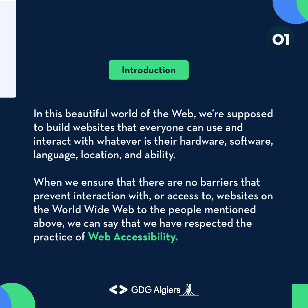 GDG_Algiers's tweet photo. Today's installement of the Web Performance chapter from Web it up dives into Web Accessibility 🧑💻 to help you discover more about it and the techniques used to meet its standards🔥
Tune in soon for more content to come! 👀
#GDG #GDGAlgiers #webdev #WebAccessibility #webitup https://t.co/4D4o7eIWeE