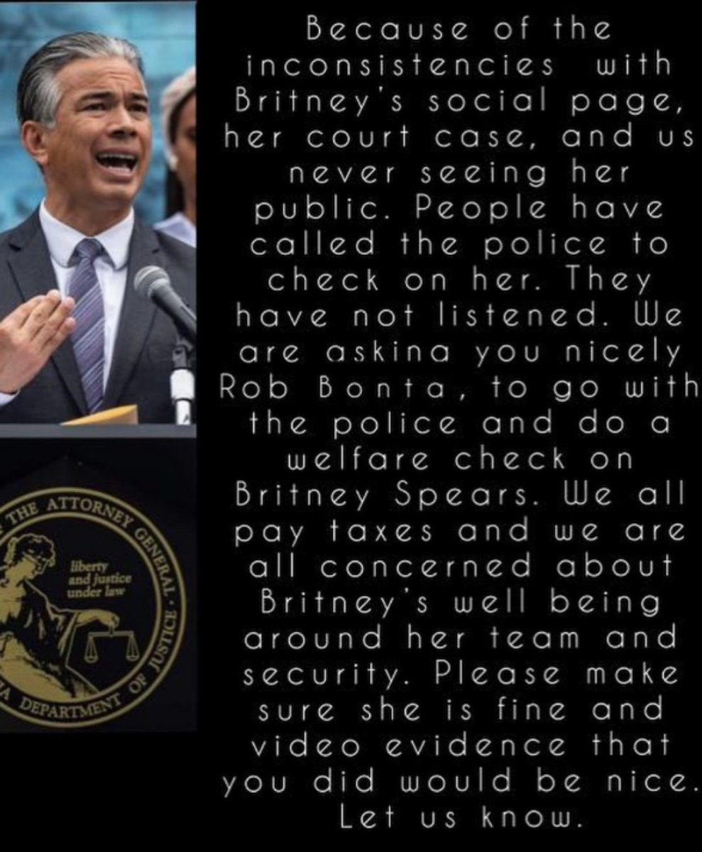 AHumbledSoul_Yo's tweet photo. @TheJusticeDept @AGRobBonta
How can you assure that Britney Spears is safe, her human rights restored and that your department doesn't confront human trafficking?
#justiceforbritney #freebritney #whereisbritney #britneysarmy #HumanTrafficking @britadvocate2 https://t.co/FYKw74cYt3