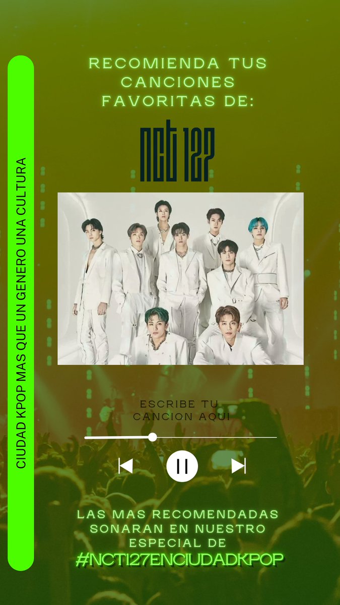 CiudadKpop's tweet photo. ✨Dinámica #NCT127EnCiudadKpop ✨

Usa esta imagen para recomendarnos la canción, etiquetanos a @CiudadKpop junto con @NCTColombia y publicala en tus redes.

Las canciones más recomedadas por el público se escucharán en nuestro programa el viernes 23 de enero. https://t.co/4ZxPau0tAT