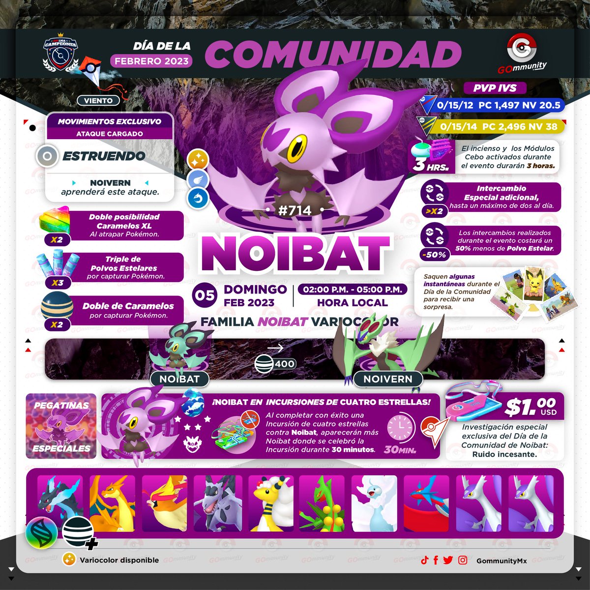GommunityMx's tweet photo. ๐ฒ๐ฝ Dรญa de la Comunidad de febrero de 2023: Noibat
๐๏ธ 5 Febrero โฐ 2:00-5:00 Pm (Hora Local)
#GOmmunity #PokemonGOApp #Niantic #MythicBlade #Noibat #Noivern #PokemonGOCommunityDay https://t.co/lg9HKBT8RA
