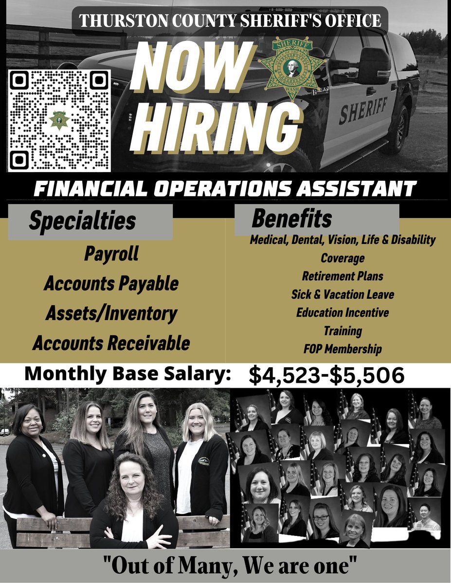 TCSO is hiring for a Financial Operations Assistant. Scan the code in the photo or follow this link to apply! thurstoncountywa.gov/.../current-op…