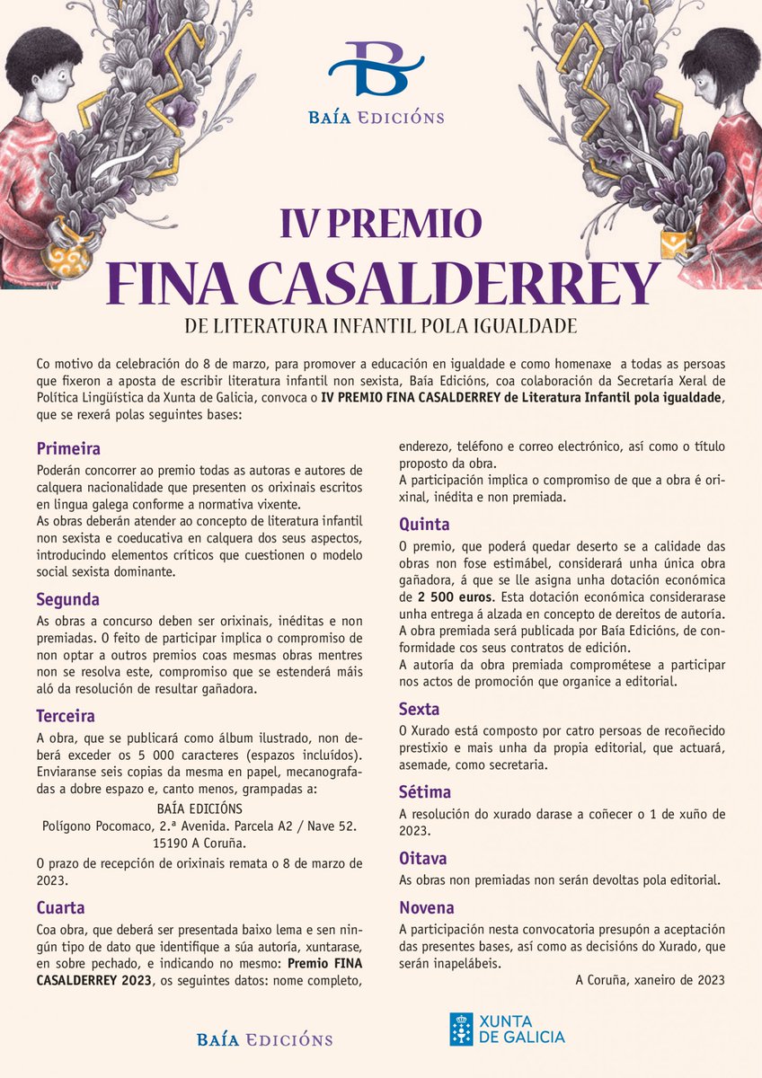 Bases do IV Premio Fina Casalderrey de Literatura Infantil pola Igualdade: axendacultural.aelg.gal/2023/01/12/bas… <a href="/baiaeditorial/">Baía Edicións</a> <a href="/SXPL/">Política Lingüística</a>