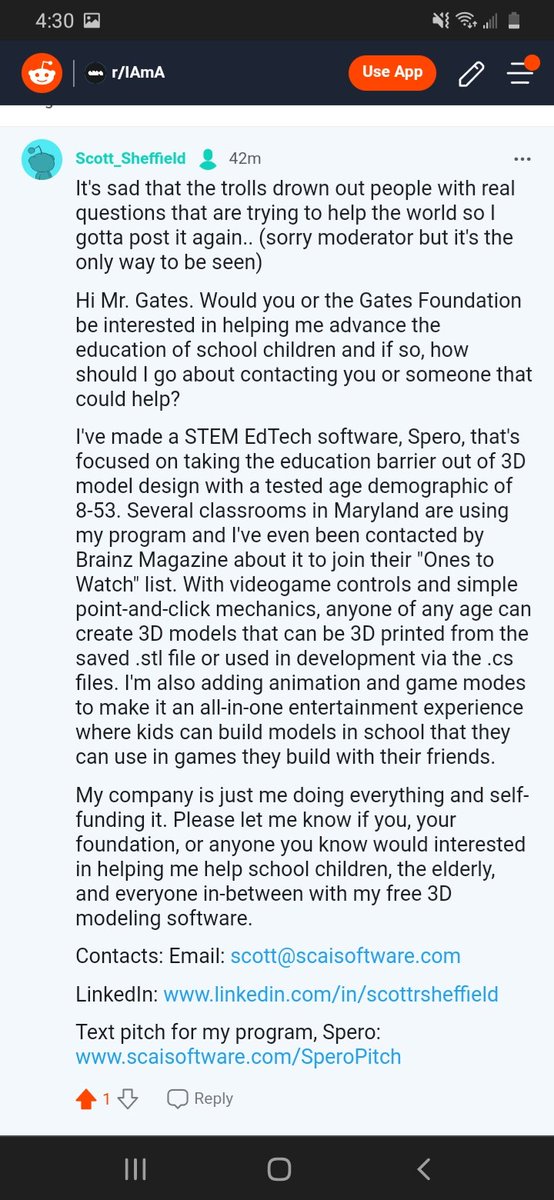 ScaiSoftware's tweet photo. Things like this is why the world is falling apart..

During a Reddit AMA with @BillGates today, I got banned for "advertising" because I gave out my contact info, then a moderator goes off on a power trip and mutes me too!..

@elonmusk can you PLEASE pass this along to Bill? https://t.co/xC8l3Pka07