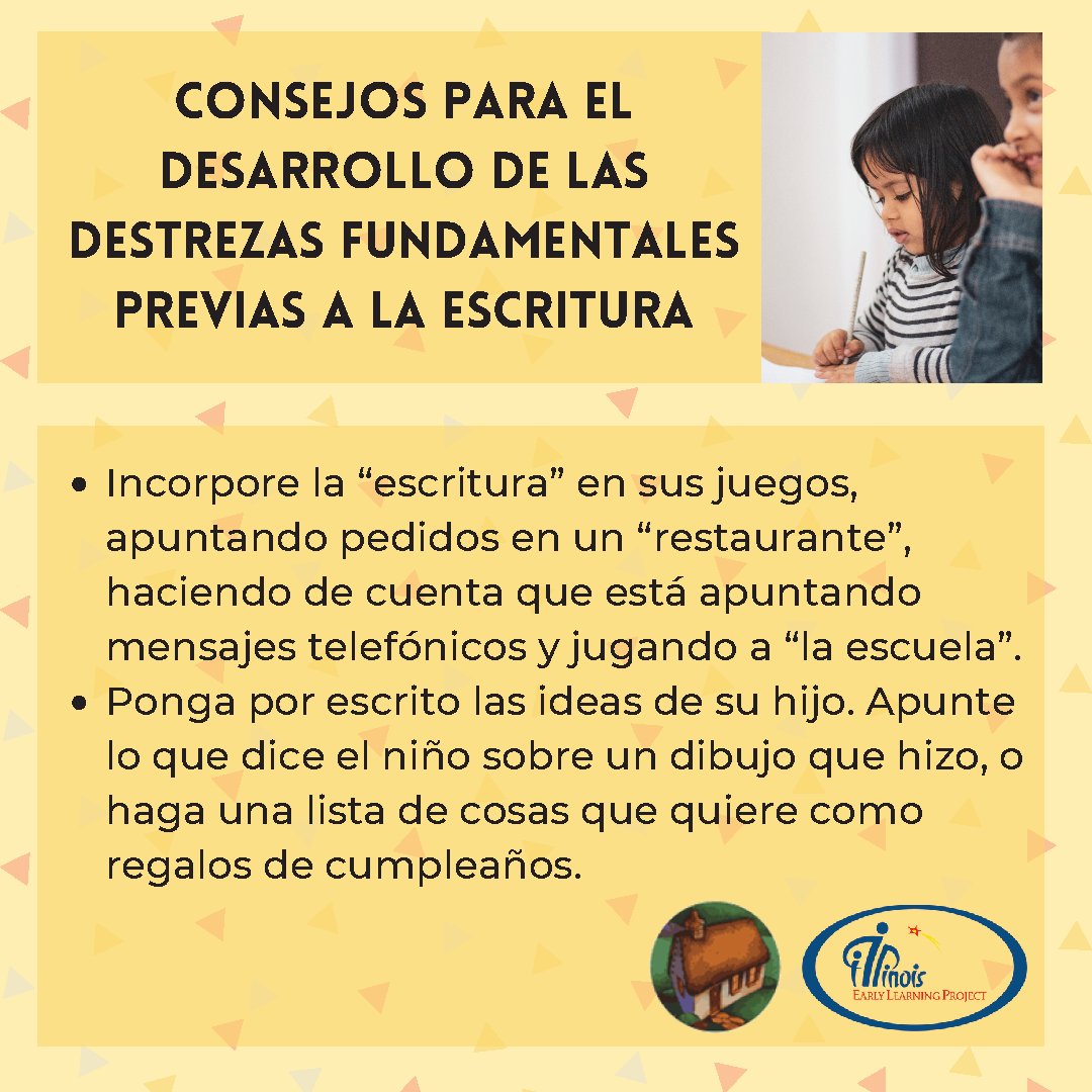 ielproject's tweet photo. Include โwritingโ when you play, such as taking orders in a โrestaurant,โ writing pretend telephone messages, and playing โschool.โ These can all help develop prewriting skills.
#PreWriting #StandardsStartAtHome #SSAH #Bilingual #IllinoisEarlyLearning https://t.co/fEjz1NeZ0u