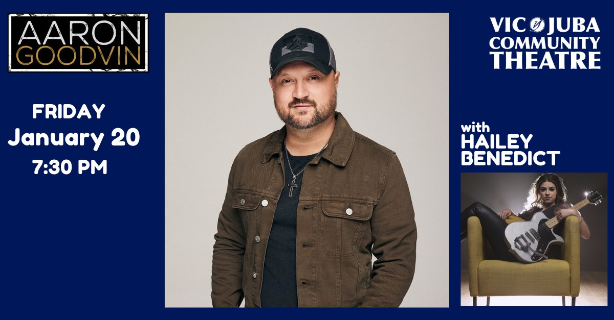 VicJubaTheatre's tweet photo. Join us as we welcome @AaronGoodvin & Hailey Benedict to the @UlmerChevrolet stage on Jan. 20! Grab your tickets for the #itstheride tour here: https://t.co/8mX51DkSJh or phone 780-872-7400 #yourentertainmentvenue #albertabred #countrymusic #discoverlloydminster #vjct https://t.co/9QxvcLcbQu