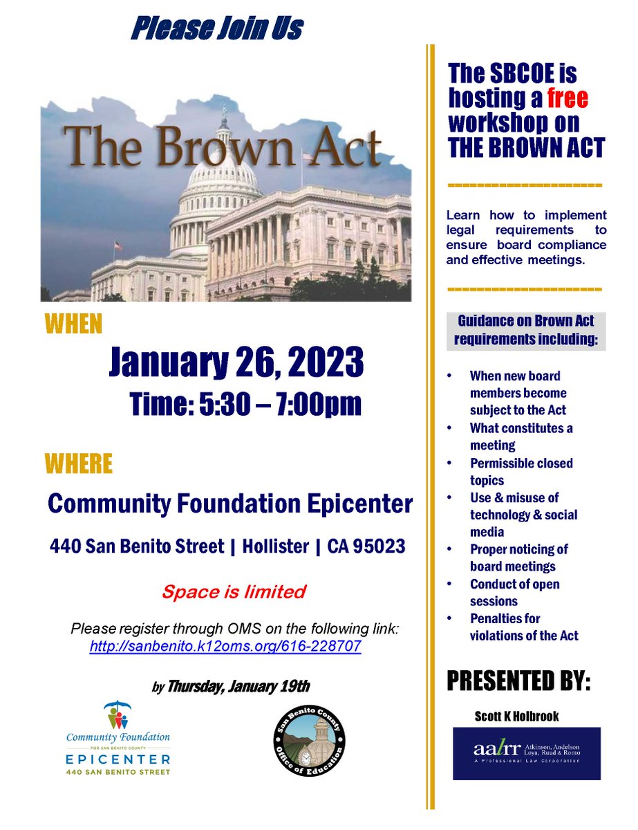 SBCOE95023's tweet photo. The Sana Benito County Office of Education is hosting a free Brown Act Workshop. Please register using the link included on the flyer. #sbcoeeducates #sbcoeengages https://t.co/Iym3ly91dX