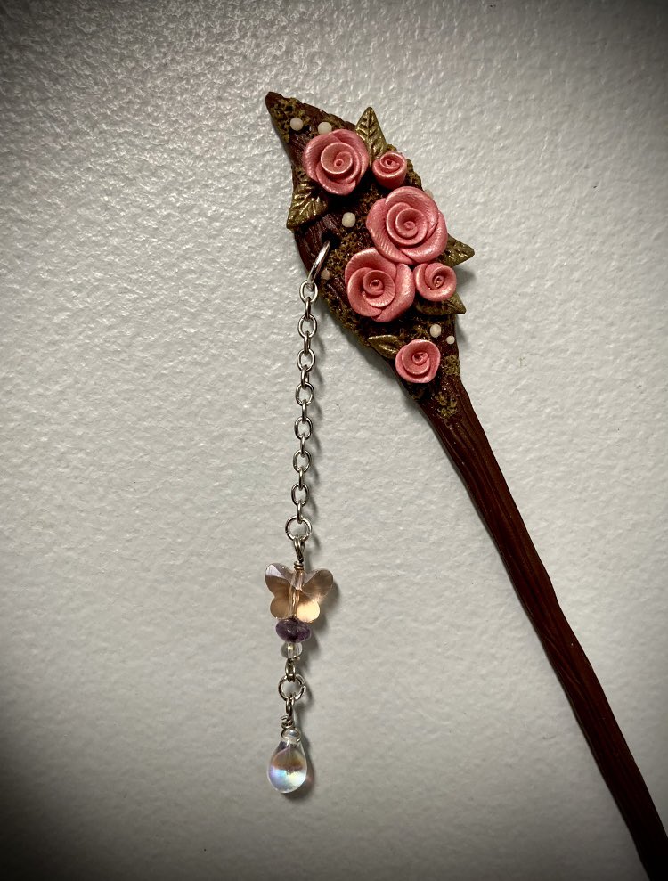 Peach rose hair stick with a crystal butterfly dangle 💖