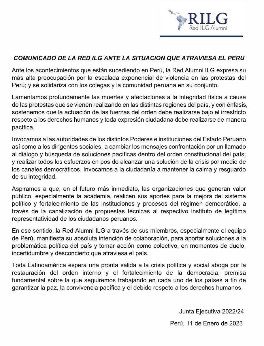 ILGAlumni's tweet photo. Sobre la situación que está atravesando el Perú 🇵🇪 en los últimos días. #Comunicado #RedILG https://t.co/rxS6JWYJXe