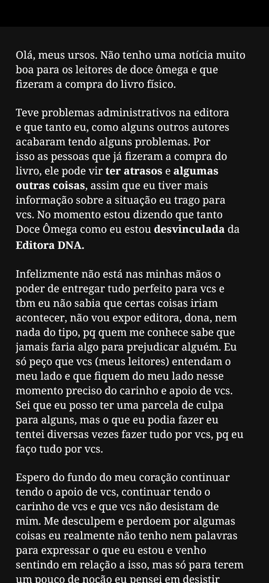 viiursosarmados's tweet photo. Como autora Ursosarmados2 no wattpad e autora de Doce Ômega, a todos os leitores e principalmente aos que compraram o livro físico Doce Ômega, peço para que leiam essa nota nas imagens. É extremamente importante. Espero que possam continuar cmg e amo vcs 💙 https://t.co/NtseRMM4hV