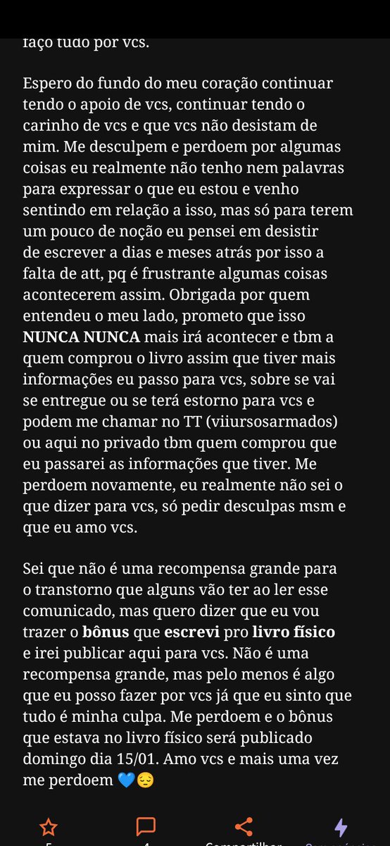 viiursosarmados's tweet photo. Como autora Ursosarmados2 no wattpad e autora de Doce Ômega, a todos os leitores e principalmente aos que compraram o livro físico Doce Ômega, peço para que leiam essa nota nas imagens. É extremamente importante. Espero que possam continuar cmg e amo vcs 💙 https://t.co/NtseRMM4hV