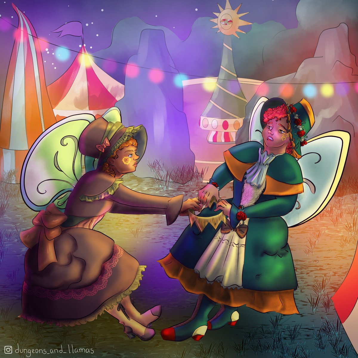 dungeons_llamas's tweet photo. An #illustration of one of the #witchlightcarnival occurrences: "Two girls in facepaint (a lion and a hart) squabble over a wooden crown that their mom won at a stall". 
#elf #fairy #carnival #circus #dnd #art #fanart #digitalart #victoriandresses #magic #fairytale https://t.co/R1Q7FWHPdu