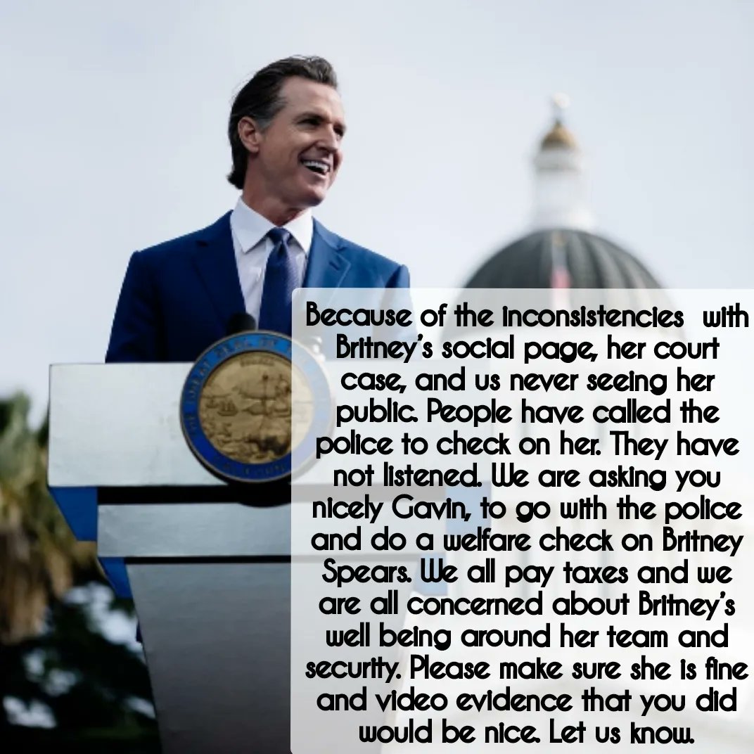 thatbritneysong's tweet photo. @GavinNewsom @CAgovernor You signed the Free Britney Bill. Please check for yourself that she is indeed free &amp; her human rights restored! 
#JusticeForBritney #FreeBritney #whereisbritney #britneyarmy #HumanTrafficking #WhereIsBritneySpears @Spoildgirlygurl https://t.co/FjRftUEXk0
