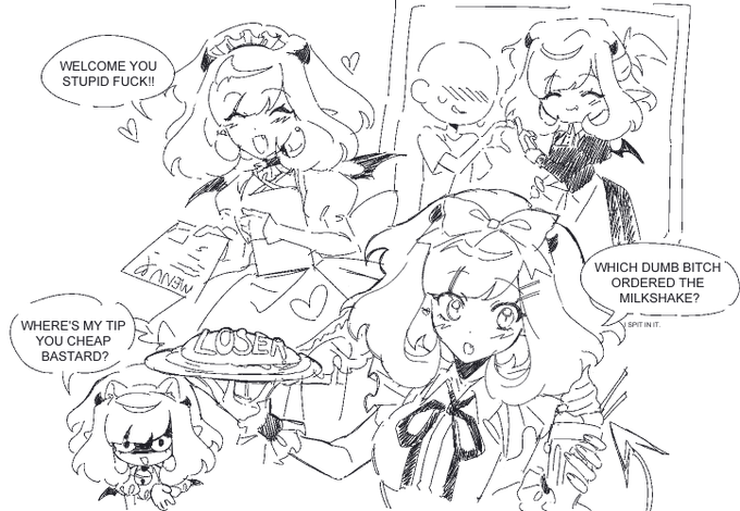 [oc] Messi and Kage doobles

one of Messi's many jobs is a gimmick maid café that treats their customers like dirt 