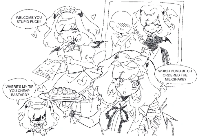 [oc] Messi and Kage doobles

one of Messi's many jobs is a gimmick maid café that treats their customers like dirt 