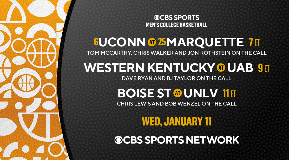 CBB on @CBSSportsNet tips off with a matchup between two Top 25 teams: No. 6 @UConnMBB-No. 25 @MarquetteMBB 🎙️@TMacPhils, @CWalkerSports & @JonRothstein @WKUBasketball-@UAB_MBB 🎙️@DaveRyno12 & @BJTaylor_1 @BroncoSportsMBB-@TheRunninRebels 🎙️@ChrisLewisTweet & Bob Wenzel