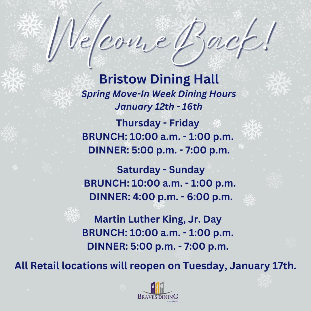 Spring move-in week is finally here, and we're ready for you to start making some memories with your friends. Here are our dining hours this week!
