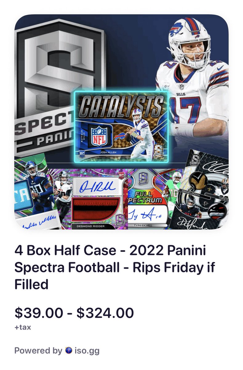 BuckCityBreaks's tweet photo. Let the Spectra 🏈 craziness begin!

First 1/2 case is LIVE on @isocommerce 

4 Box Half Case - 2022 Panini Spectra Football - Rips Friday if Filled #bcb 3677: 

SUPER easy to claim ⬇️

Follow and reply with #bcb <team name> to claim and purchase! e.g. #bcb Jets https://t.co/95BrJLuGtu