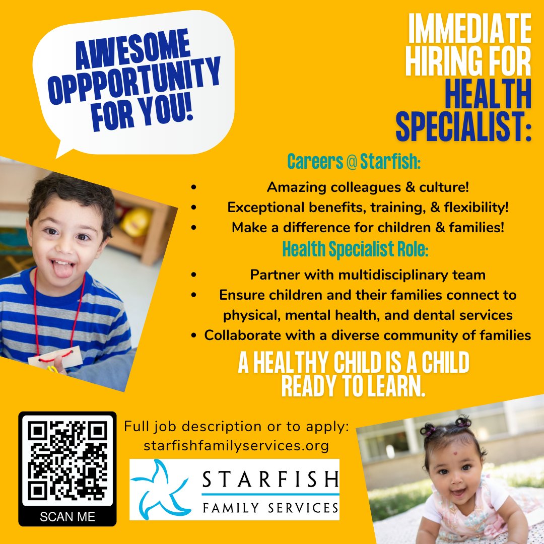 A healthy child is a child ready to and able to learn. Be part of the magic! Starfish is hiring for a Health Specialist - a chance to work directly with families to connect for essential health services. Flexibility, training, and a great time included! starfishfamilyservices.org/careers/